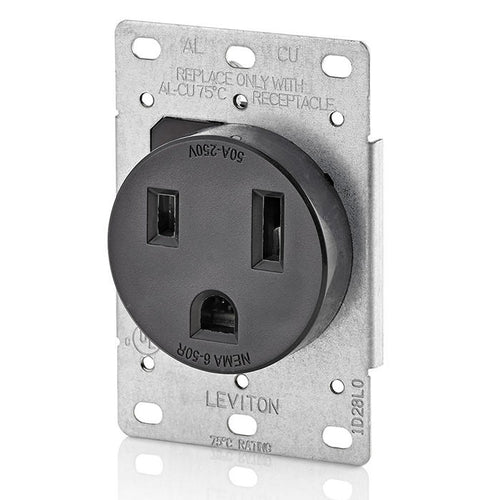 Leviton 50 Amp, 250 Volt, 2P, 3W, Flush Mtg Receptacle, Straight Blade, Industrial Grade, Grounding