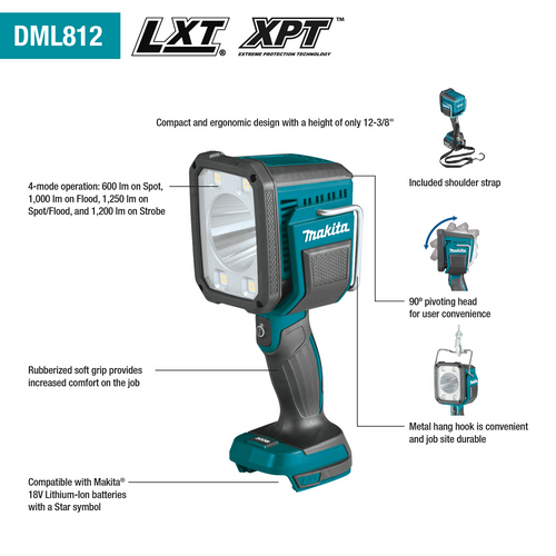 Makita DML812 18V LXT® Lithium‑Ion Cordless L.E.D. Flashlight / Spotlight, Light Only