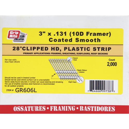 Grip-Rite 28 Degree Plastic Strip Bright Clipped Head Framing Stick Nail, 3 In. x .131 In. (2000 Ct.)